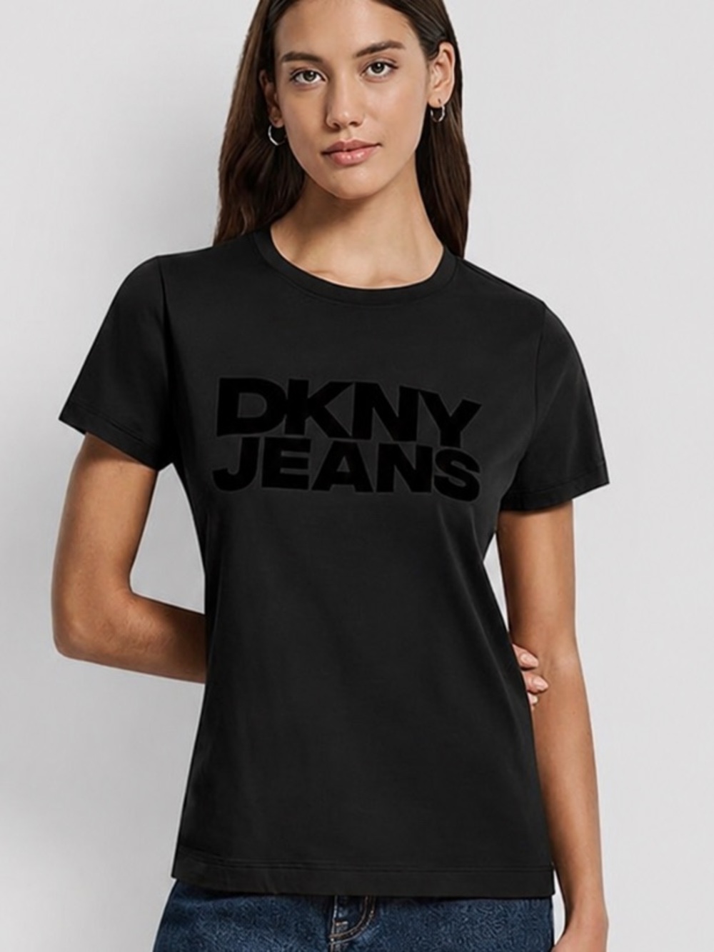 DKNY Jeans Black Flocked Logo Crew Neck T-Shirt Women’s Size M NWT MSRP $39